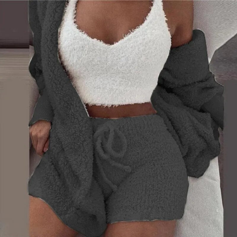 Fluffy Pajamas Set for Women Casual Sleepwear Tank Top and Shorts plus Size Hoodie Leisure Homsuit Winter 3 Pieces Pijamas