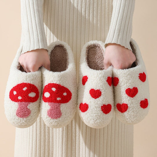 Cotton Plush Slippers, Hearts Mushroom Bedroom Slippers, Home House Cozy Fluffy Slippers, Adorable Slippers for Women, Mushroom Lovers Gifts for Her